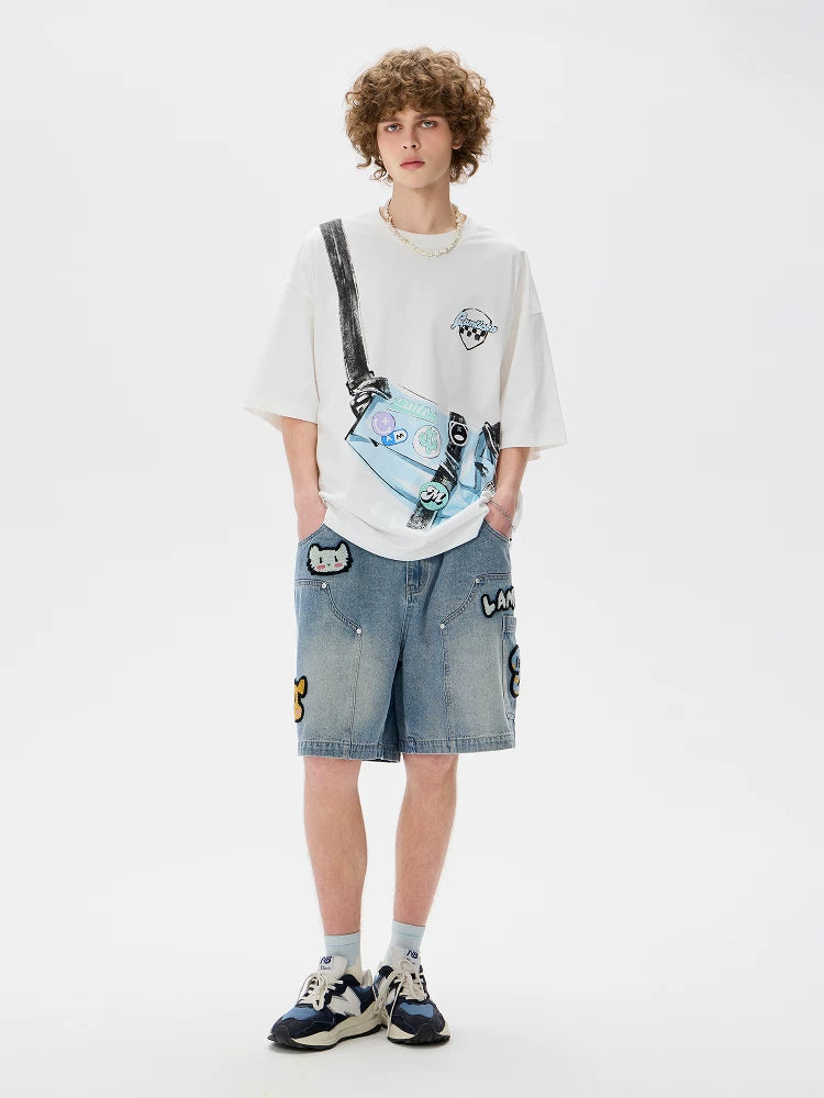 LAMLICKA sticker embroidered lumberjack denim shorts - LAMLICKA