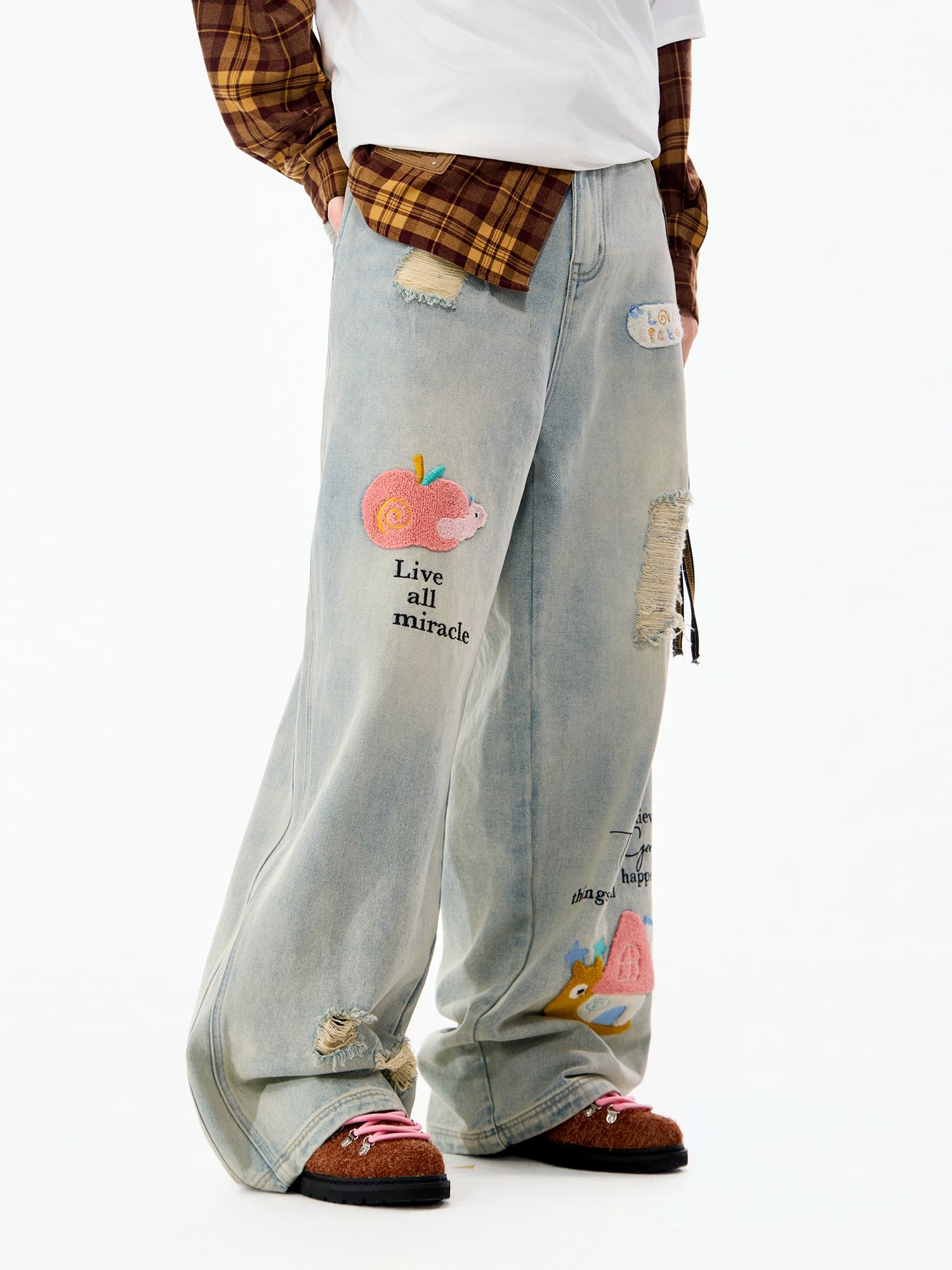 LAMLICKA Blue Embroidered Distressed Straight - Leg Jeans Unisex Relaxed Fit American Style Denim Pants - LAMLICKA