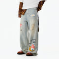 LAMLICKA Blue Embroidered Distressed Straight - Leg Jeans Unisex Relaxed Fit American Style Denim Pants - LAMLICKA - 蓝色 - S