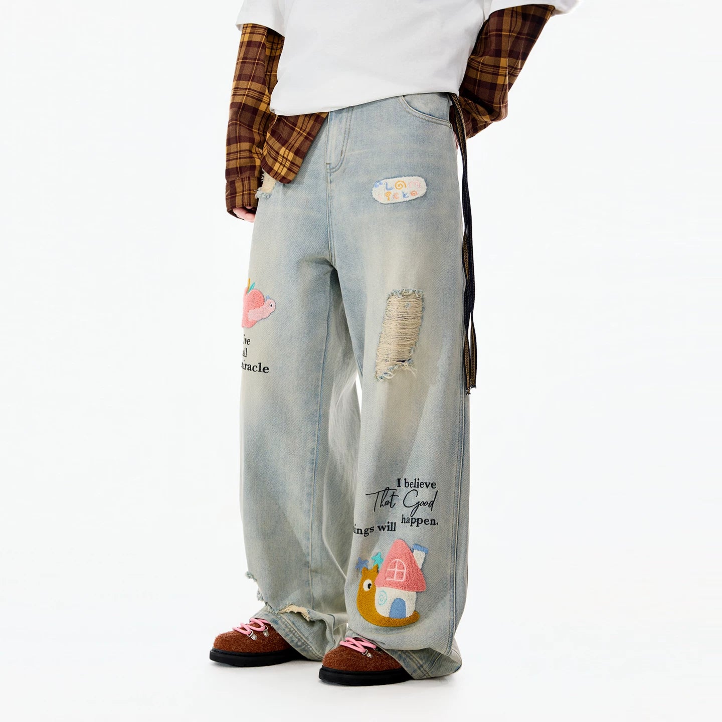 LAMLICKA Blue Embroidered Distressed Straight - Leg Jeans Unisex Relaxed Fit American Style Denim Pants - LAMLICKA - 蓝色 - S
