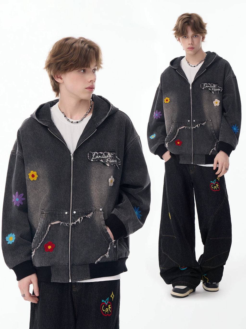 Lamlicka Colorful Flower Embroidery Washed Denim Hooded Jacket Oversized - Jackets & Coats - LAMLICKA
