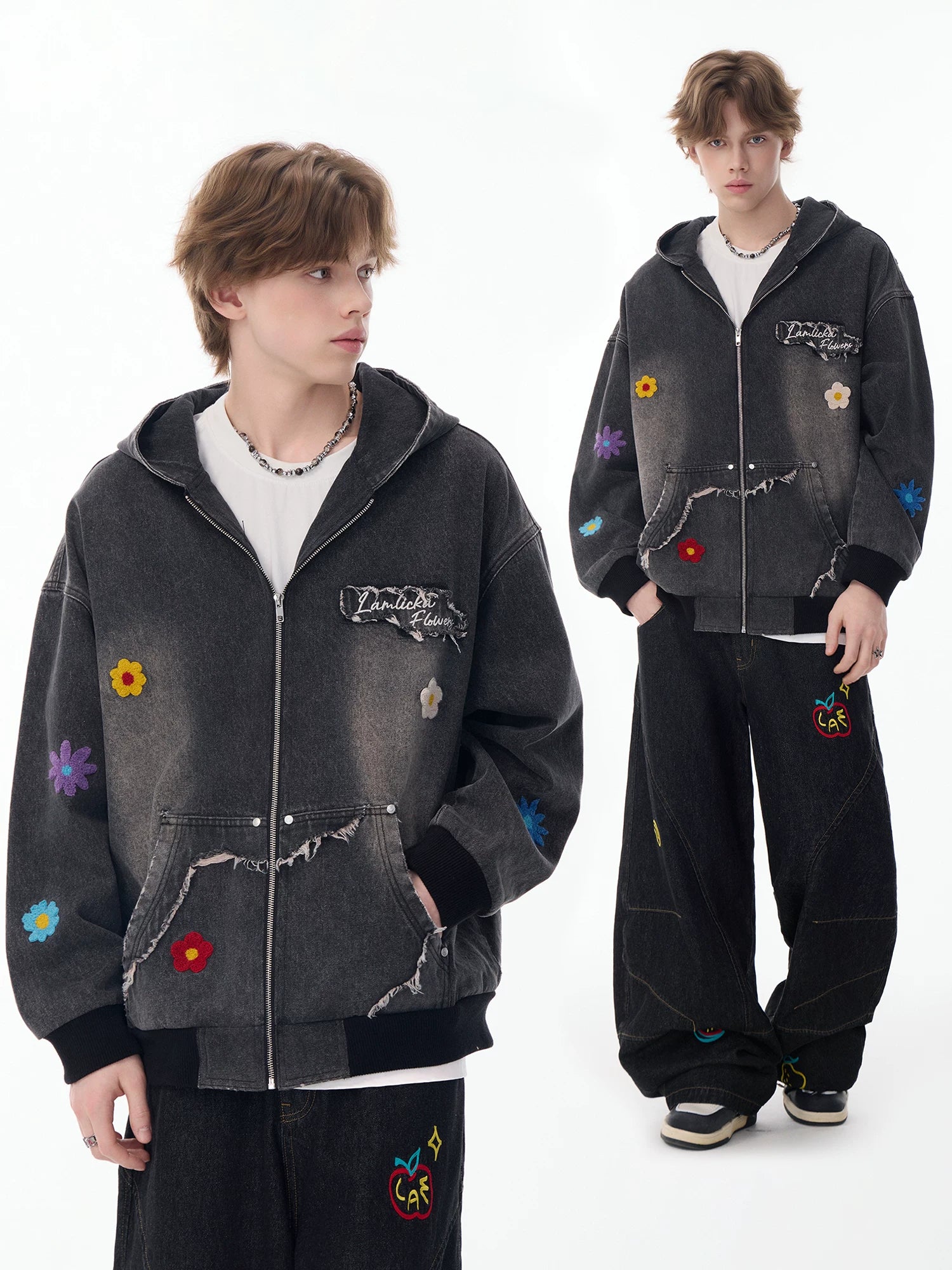 Lamlicka Colorful Flower Embroidery Washed Denim Hooded Jacket Oversized - Jackets & Coats - LAMLICKA