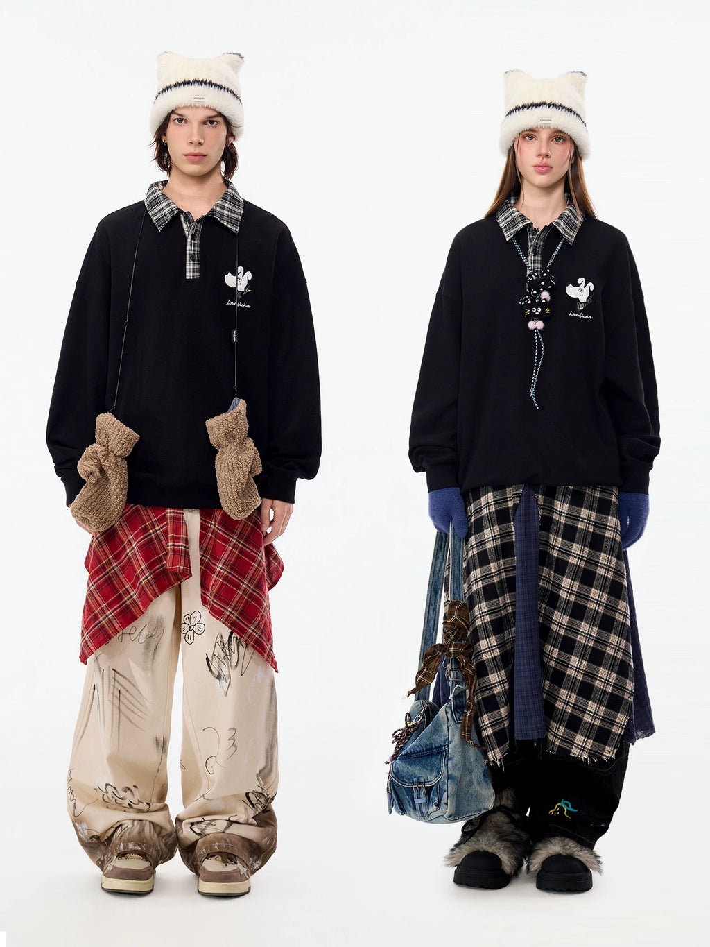 LAMLICKA Embroidered Plaid Polo Sweatshirt – Oversized Streetwear Pullover - Sweatshirt - LAMLICKA