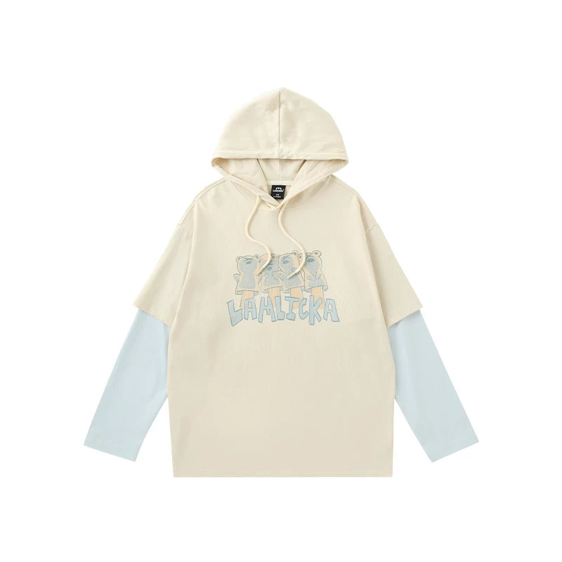 LAMLICKA apricot letter fake two - piece long - sleeved t - shirt - LAMLICKA - Apricot - 2XL fits 175 - 100kg - 5864887437483