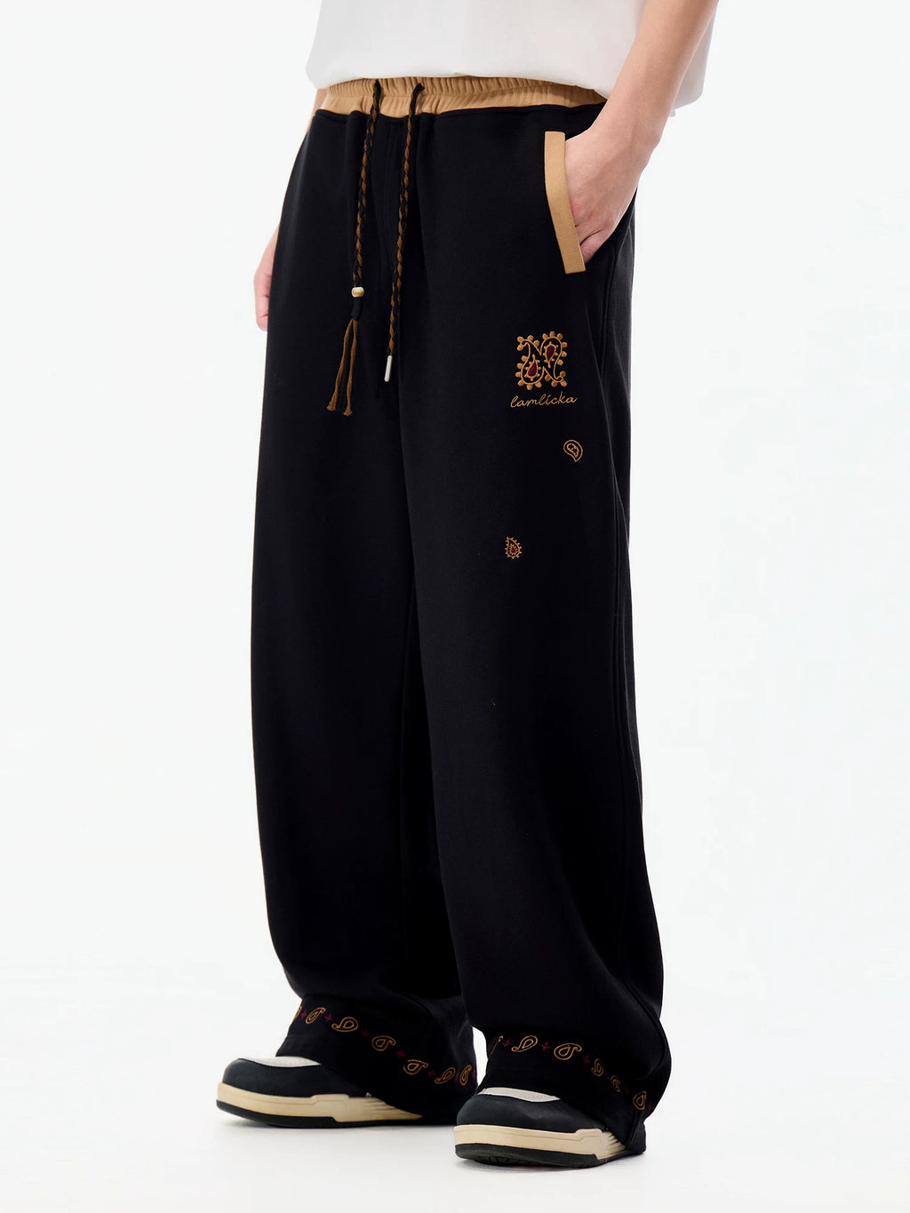 LAMLICKA Ethnic Style Black Wide - Leg Trousers – Relaxed Fit Colorblock Casual Pants for Men, Drape Straight - Cut - LAMLICKA