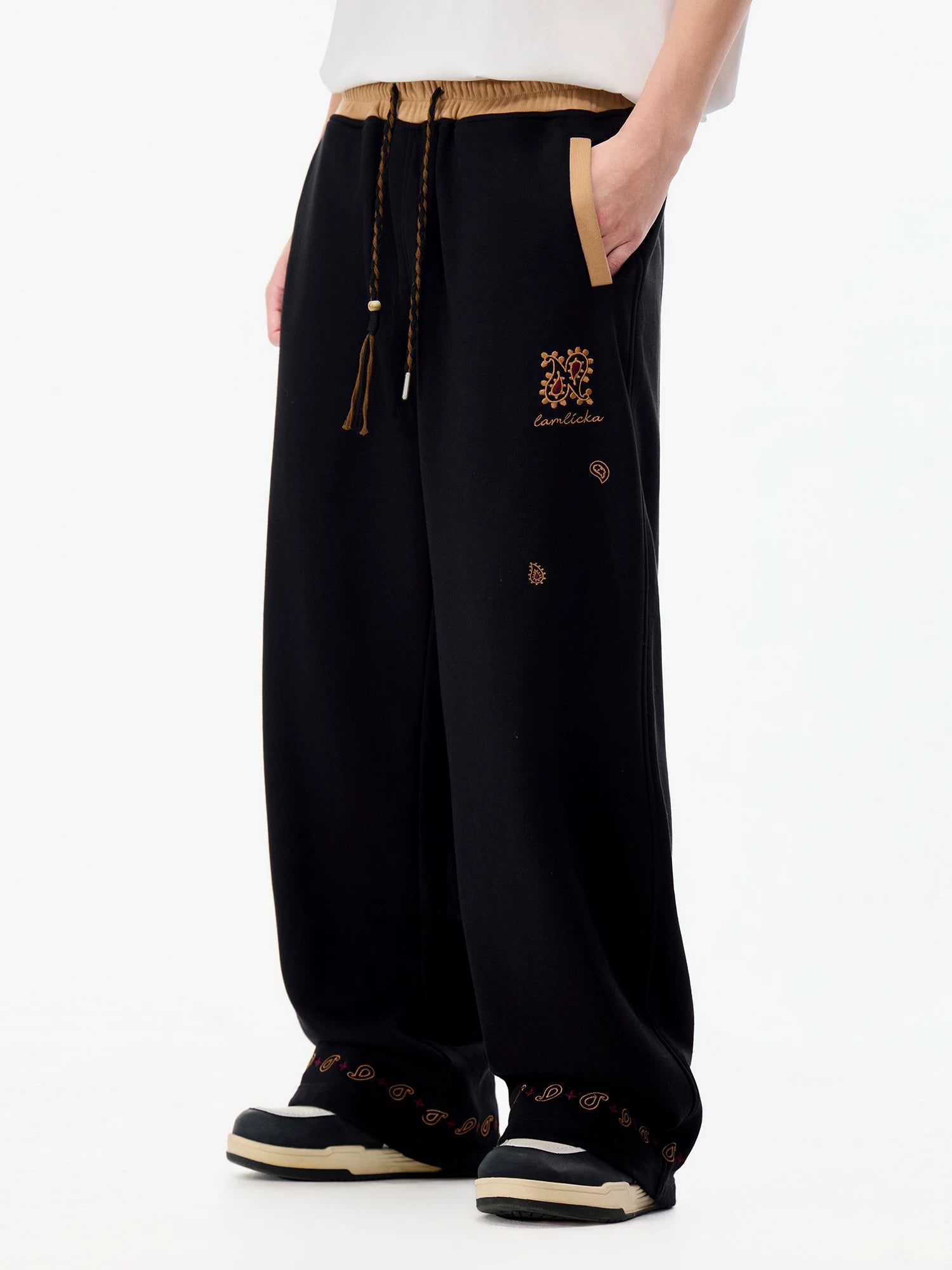 LAMLICKA Ethnic Style Black Wide - Leg Trousers – Relaxed Fit Colorblock Casual Pants for Men, Drape Straight - Cut - LAMLICKA