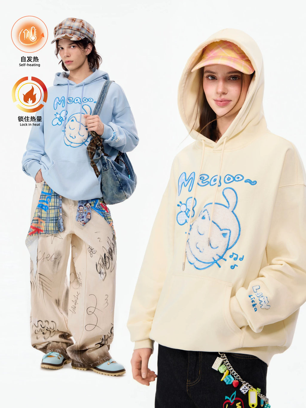 LAMLICKA Embroidered Cat Heavyweight Hoodie Unisex Oversized Pullover Streetwear Sweatshirt - LAMLICKA