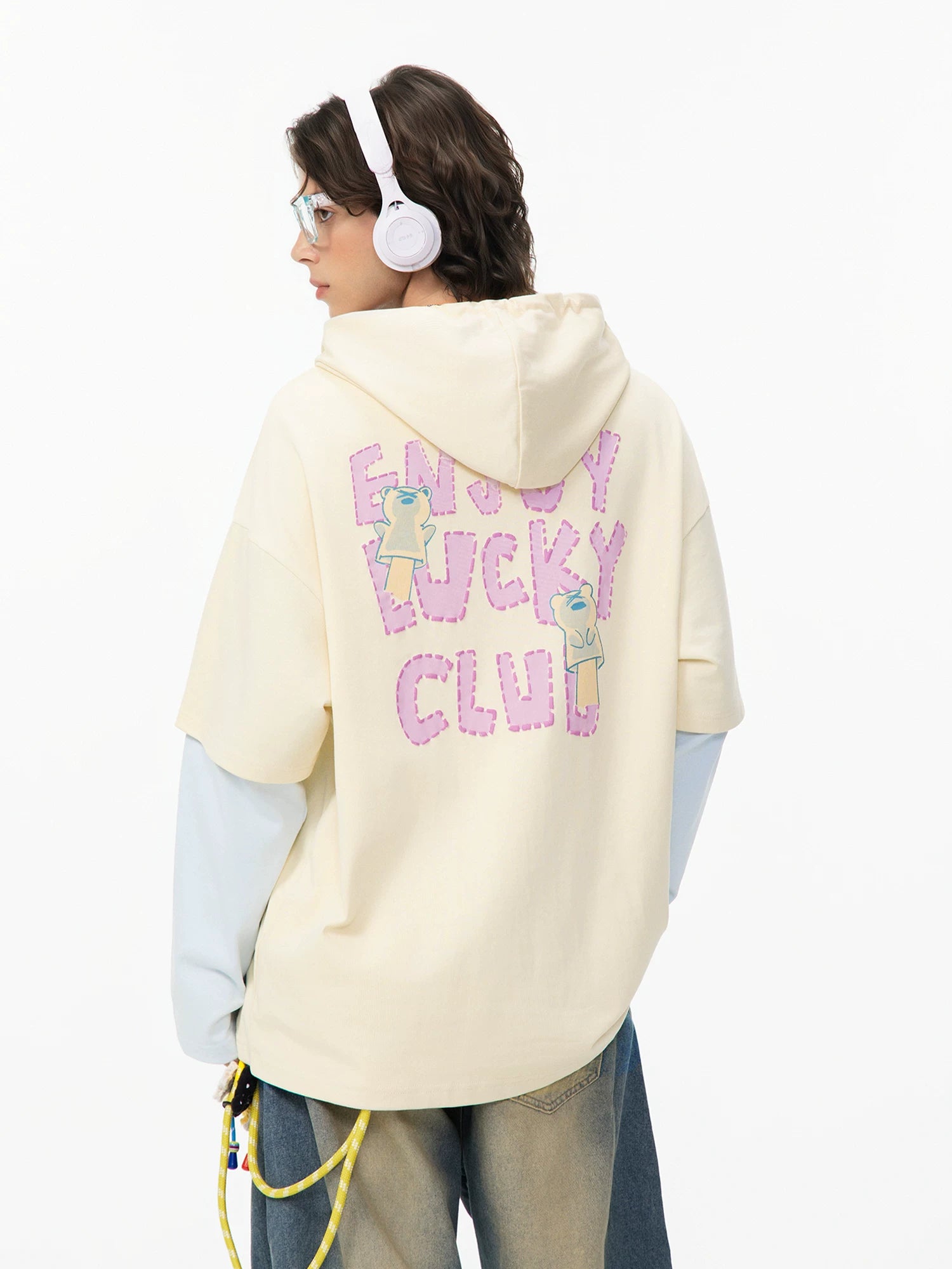 LAMLICKA apricot letter fake two - piece long - sleeved t - shirt - LAMLICKA