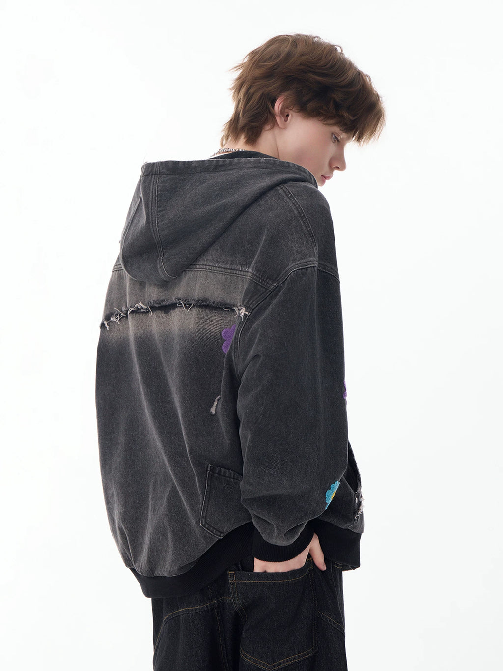 Lamlicka Colorful Flower Embroidery Washed Denim Hooded Jacket Oversized - Jackets & Coats - LAMLICKA