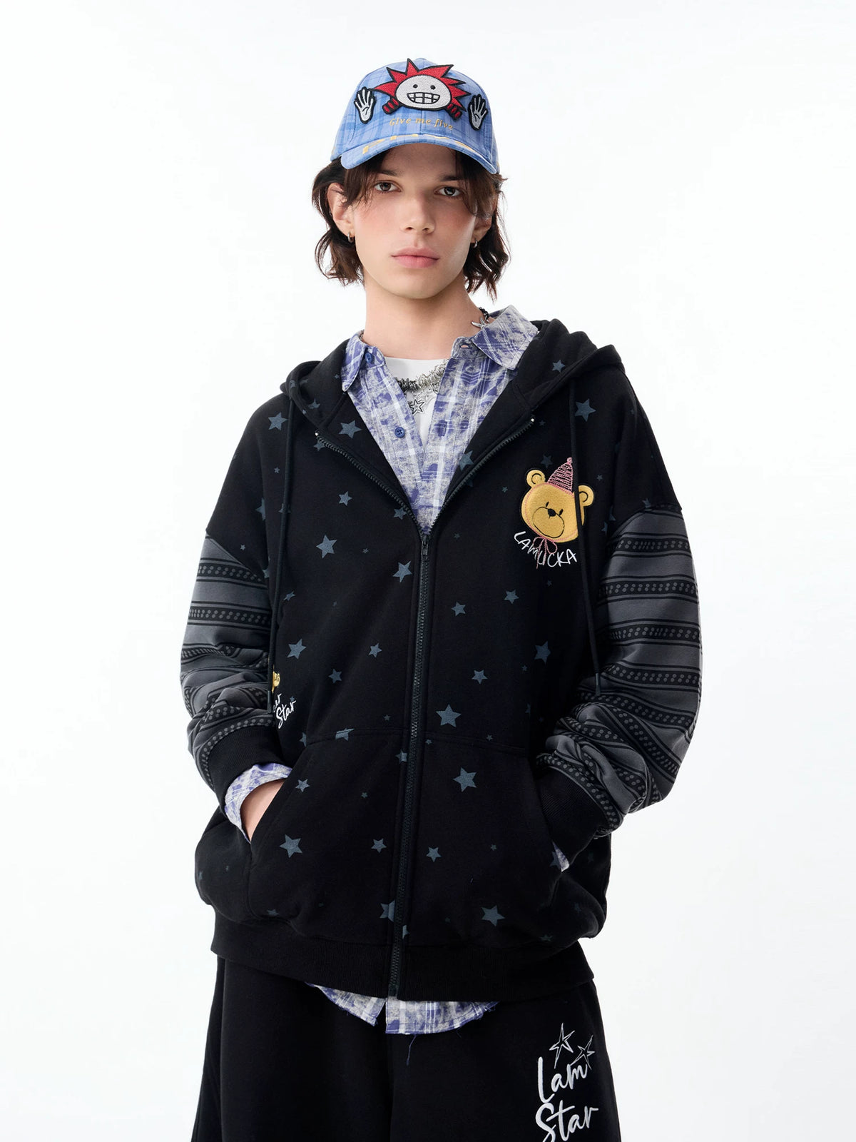 Lamlicka All - Over Star Print Bear Zip - Up Hoodie Unisex Oversized - Hoodies & Sweatshirts - LAMLICKA