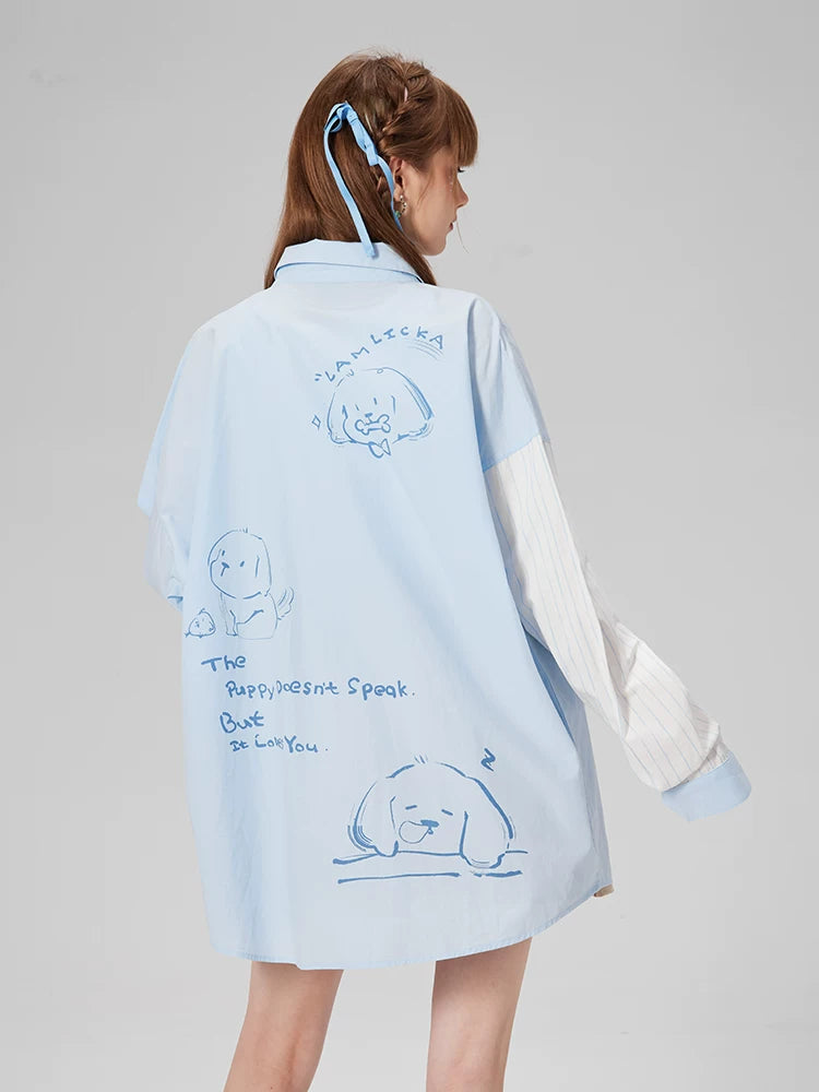 LAMLICKA Puppy Print Color-Block Stripe Shirt – Oversized Long Sleeve Top