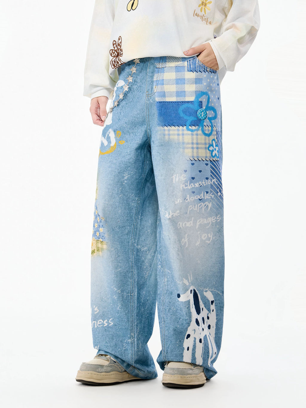 LAMLICKA vintage blue faux-denim wide-leg pants, product image 2