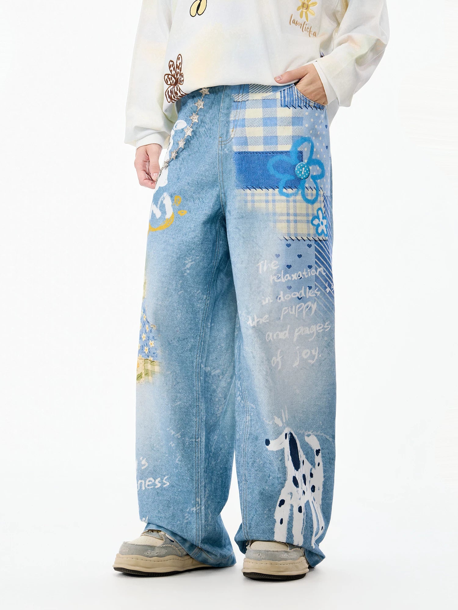 LAMLICKA vintage blue faux-denim wide-leg pants, product image 2