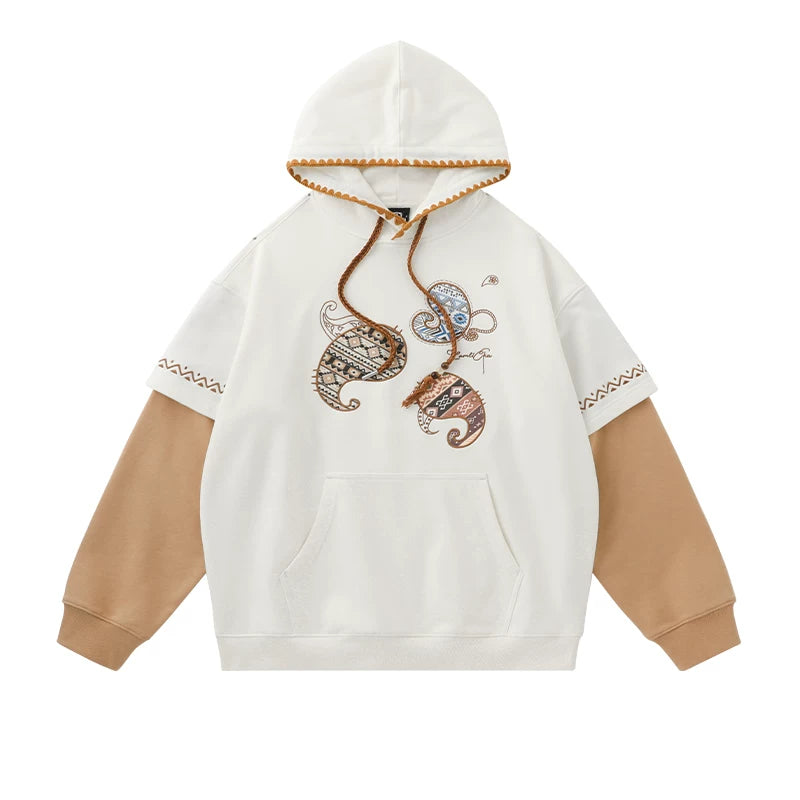Lamlicka Vintage Ethnic Totem Faux Two - Piece Pullover Hoodie Oversized - Hoodies & Sweatshirts - LAMLICKA - White - 2XL
