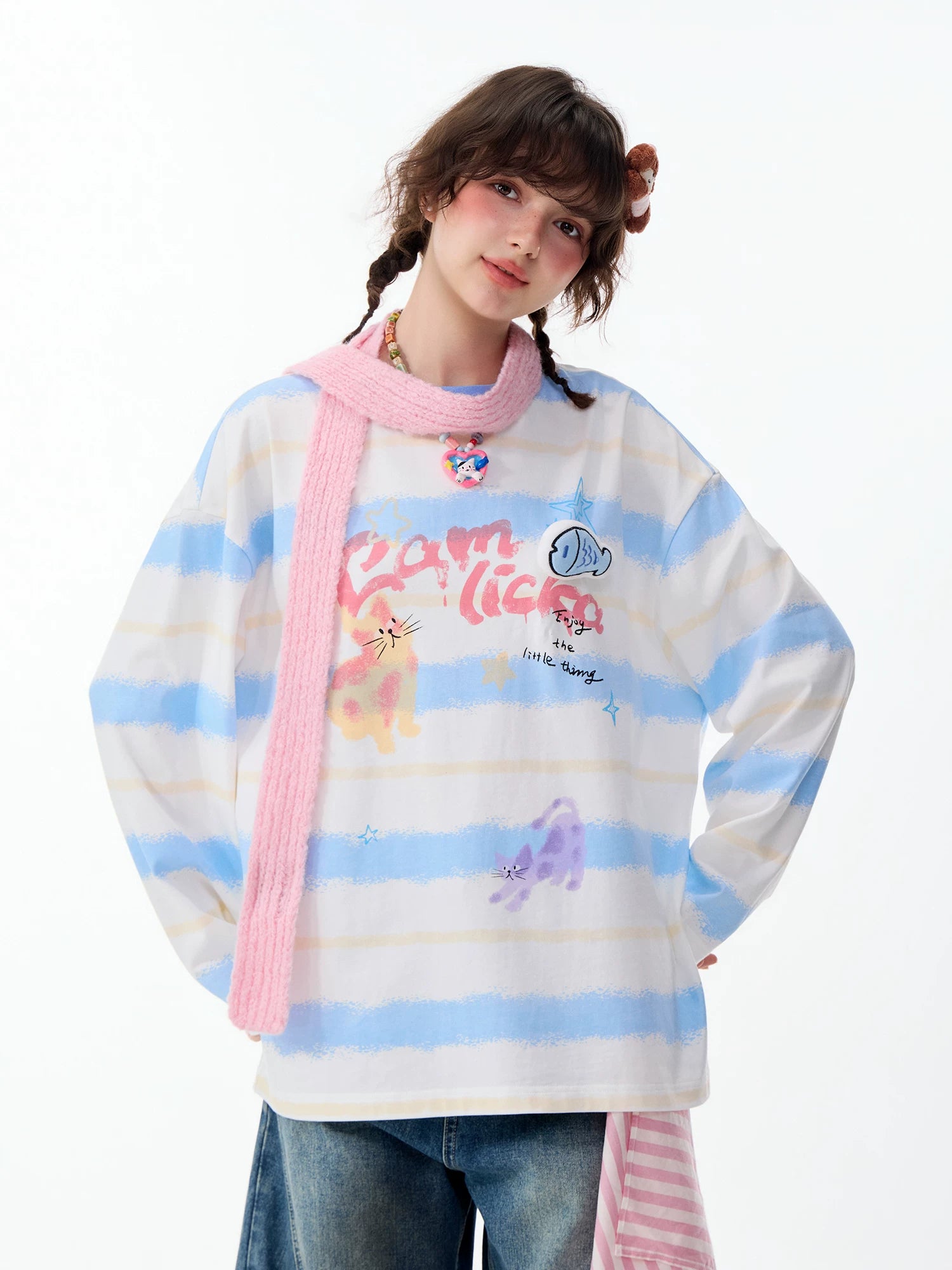 LAMLICKA Creative Cat Color Block Blue Stripe Long Sleeve T - Shirt Unisex Relaxed Fit Cotton Crew Neck Tee - LAMLICKA