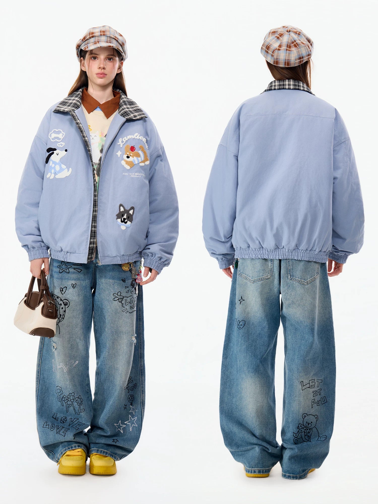 LAMLICKA Graffiti Washed Blue Straight - Leg Jeans Unisex Relaxed Fit Vintage American Style Denim Pants - LAMLICKA
