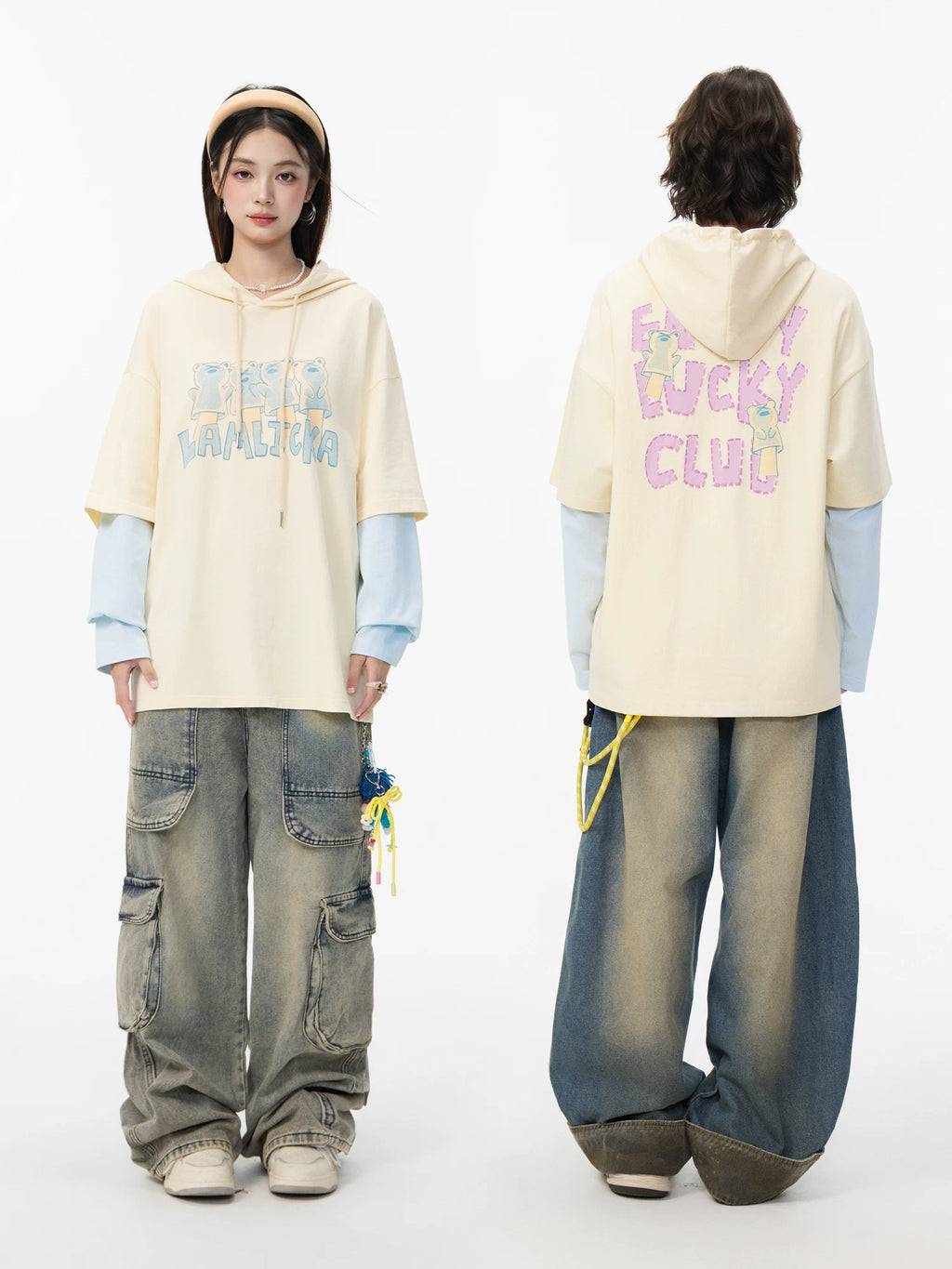 LAMLICKA apricot letter fake two - piece long - sleeved t - shirt - LAMLICKA