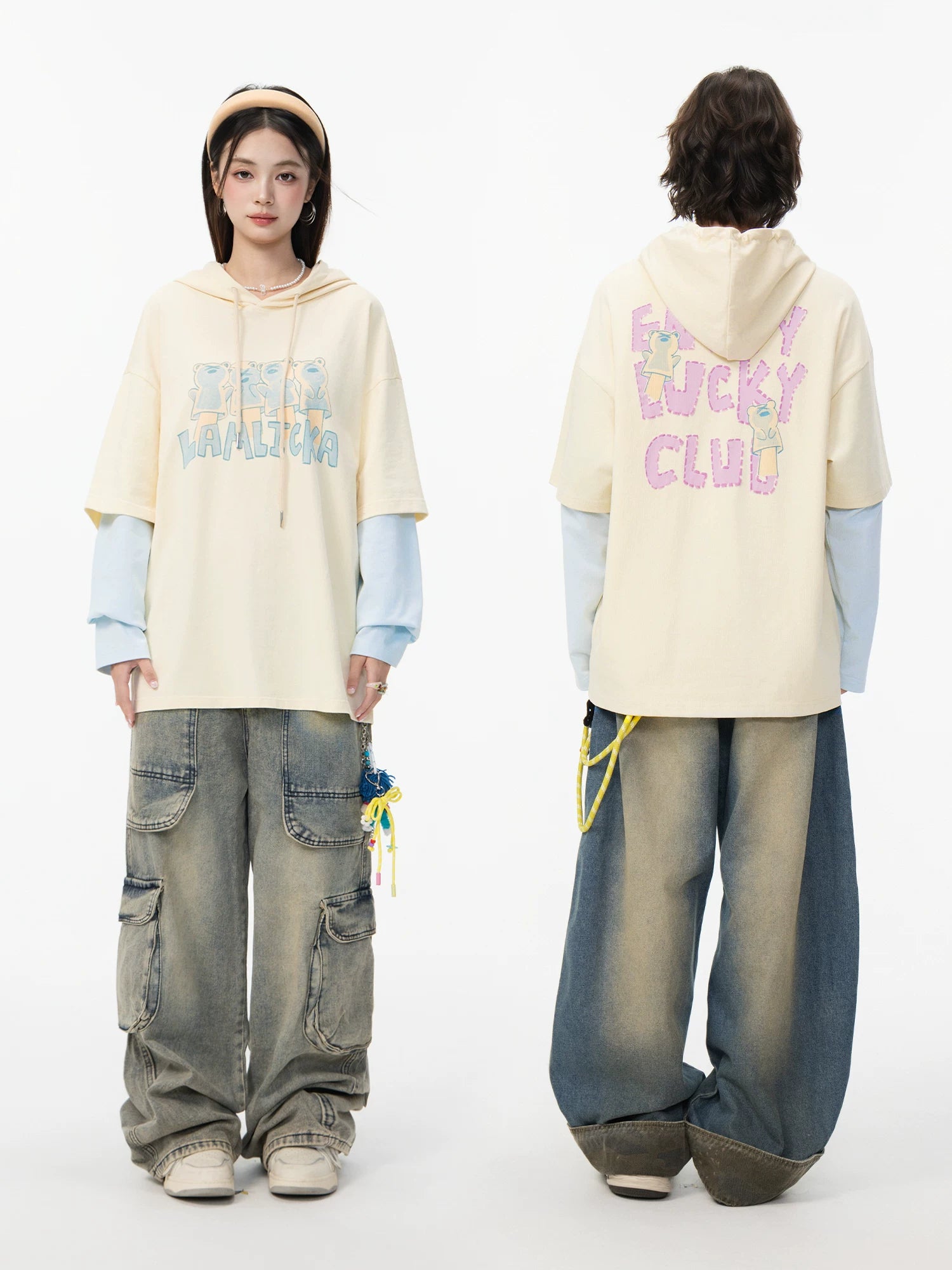 LAMLICKA apricot letter fake two - piece long - sleeved t - shirt - LAMLICKA