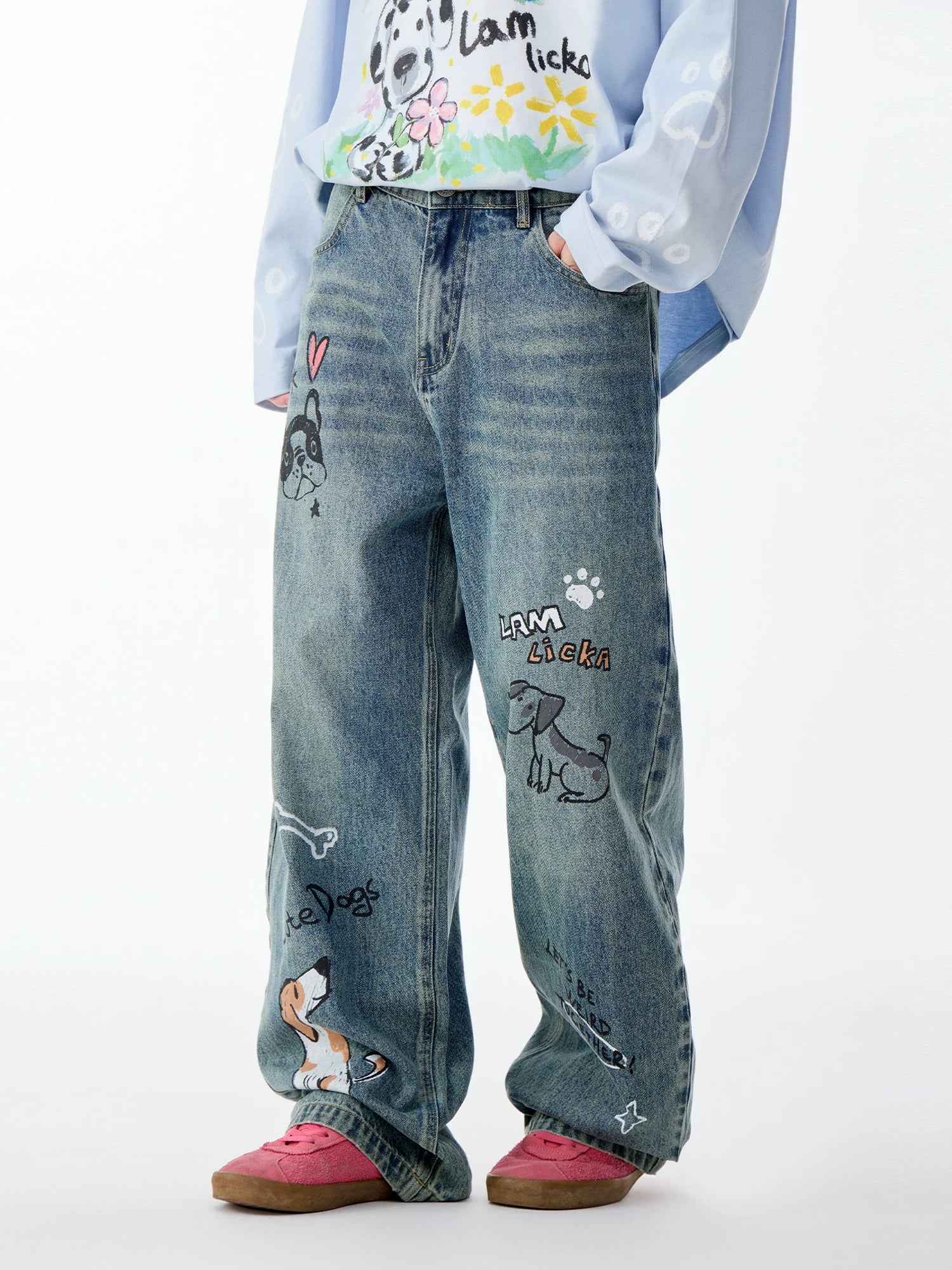 Lamlicka Hand - Drawn Dog Star Blue Straight - Leg Jeans, Relaxed Fit - Denim Pants - LAMLICKA