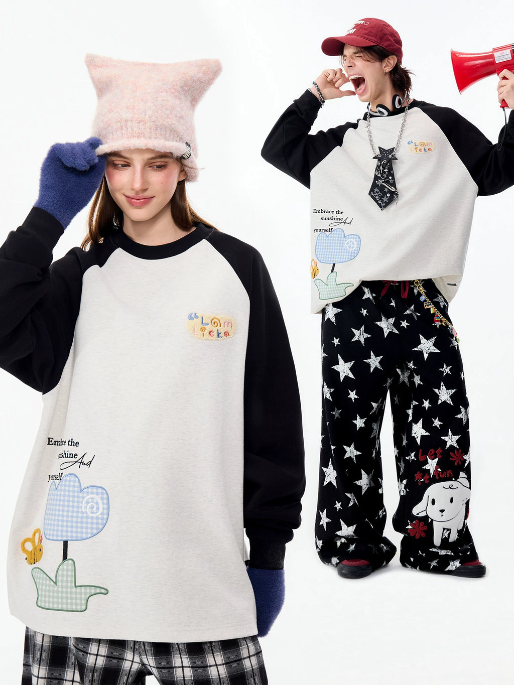 Lamlicka Floral Bee Embroidery Raglan Long Sleeve Tee Unisex Relaxed - Tops - LAMLICKA