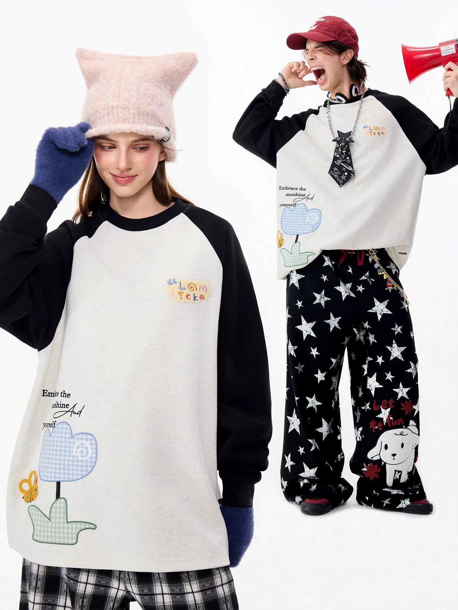 Lamlicka Floral Bee Embroidery Raglan Long Sleeve Tee Unisex Relaxed - Tops - LAMLICKA