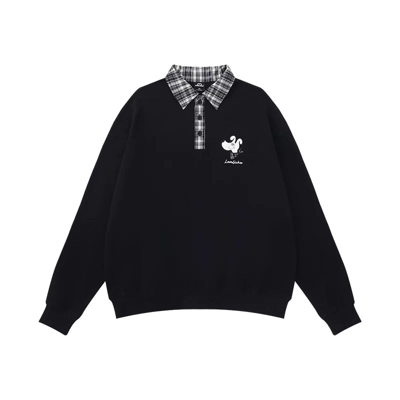 LAMLICKA Embroidered Plaid Polo Sweatshirt – Oversized Streetwear Pullover - Sweatshirt - LAMLICKA - Black - 2XL