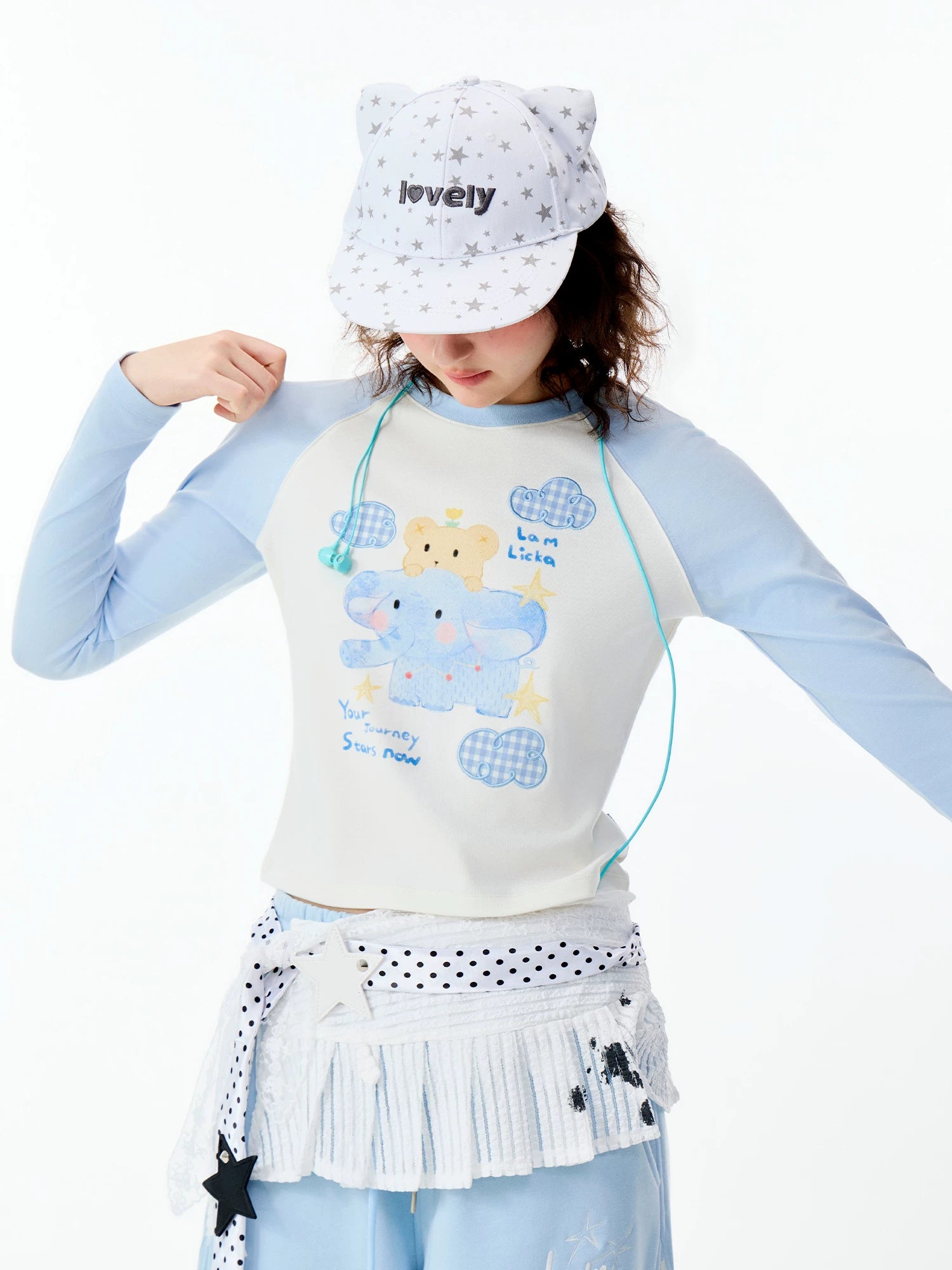 Lamlicka Whimsical Elephant Raglan Long Sleeve Fitted Tee - Tops - LAMLICKA