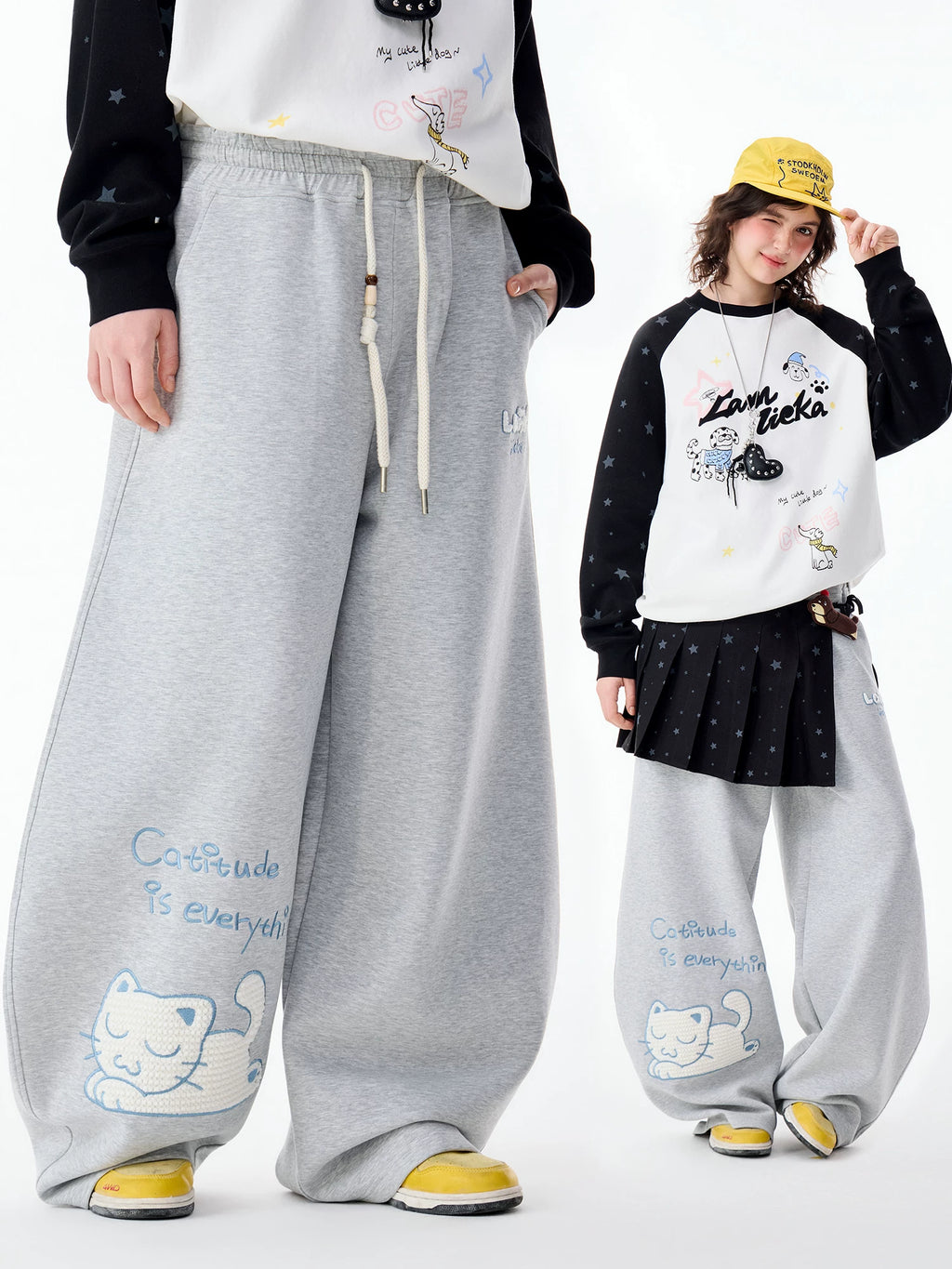 LAMLICKA Cat - Inspired Relaxed Wide - Leg Pants for Men – Cozy Gray Lounge Trousers - LAMLICKA