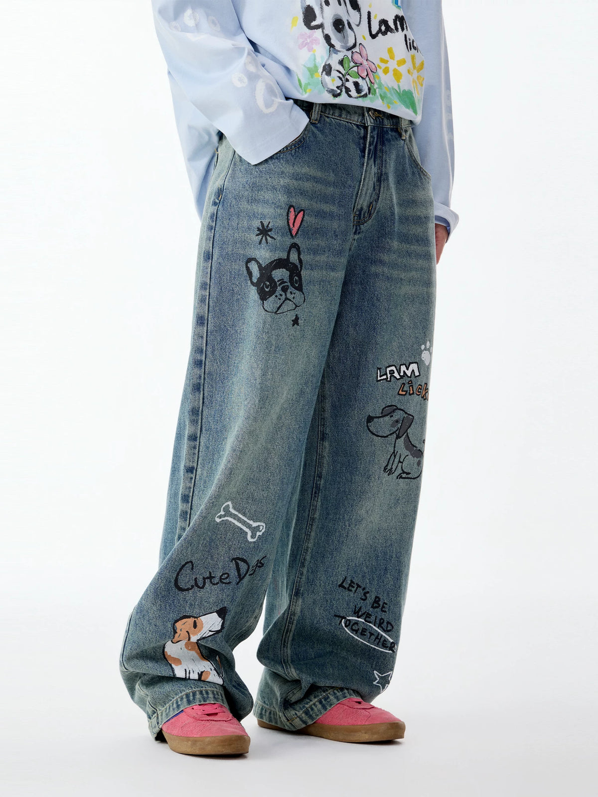 Lamlicka Hand - Drawn Dog Star Blue Straight - Leg Jeans, Relaxed Fit - Denim Pants - LAMLICKA