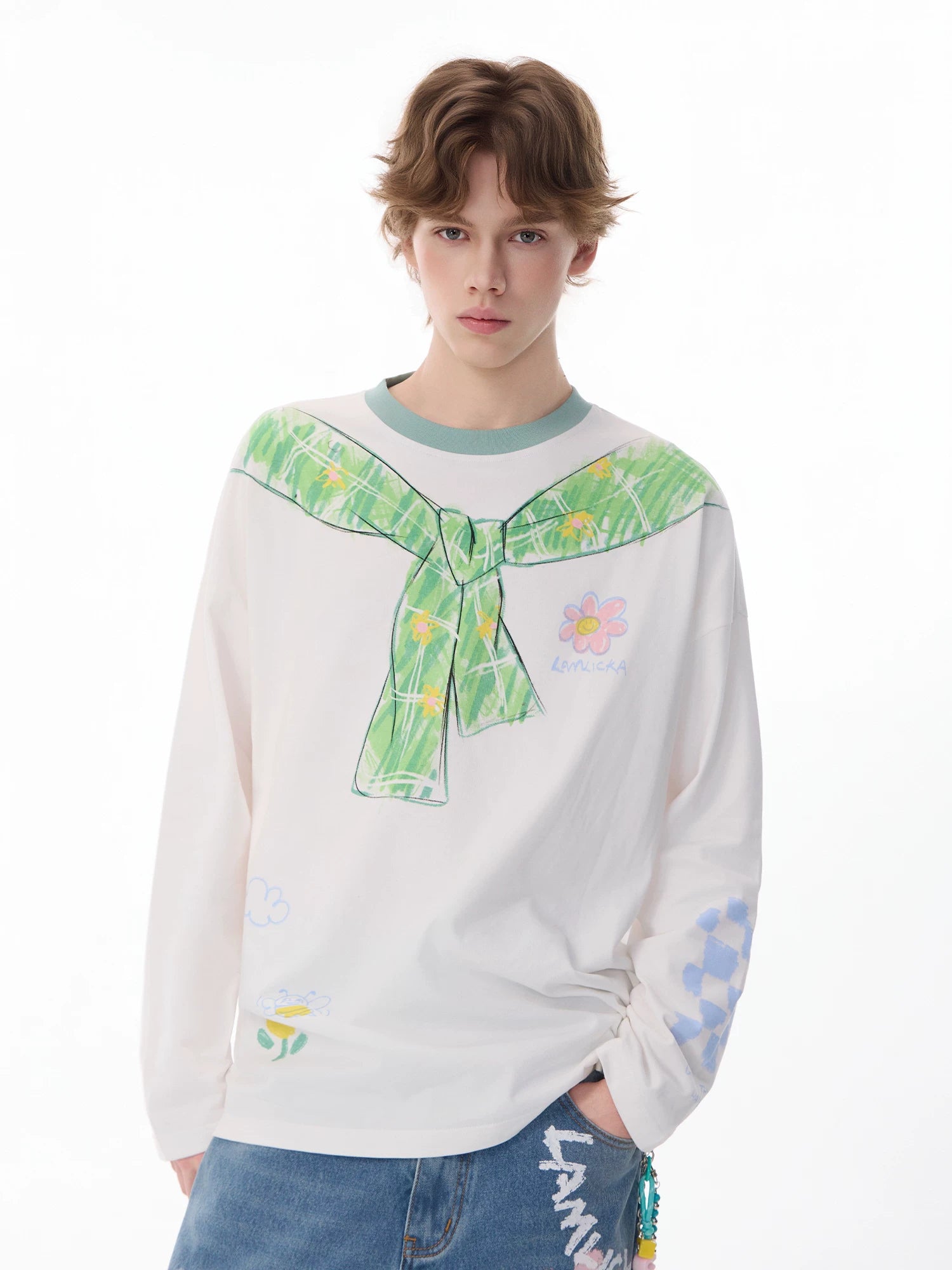 LAMLICKA scarf printed contrasting color trendy brand long - sleeved t - shirt - LAMLICKA