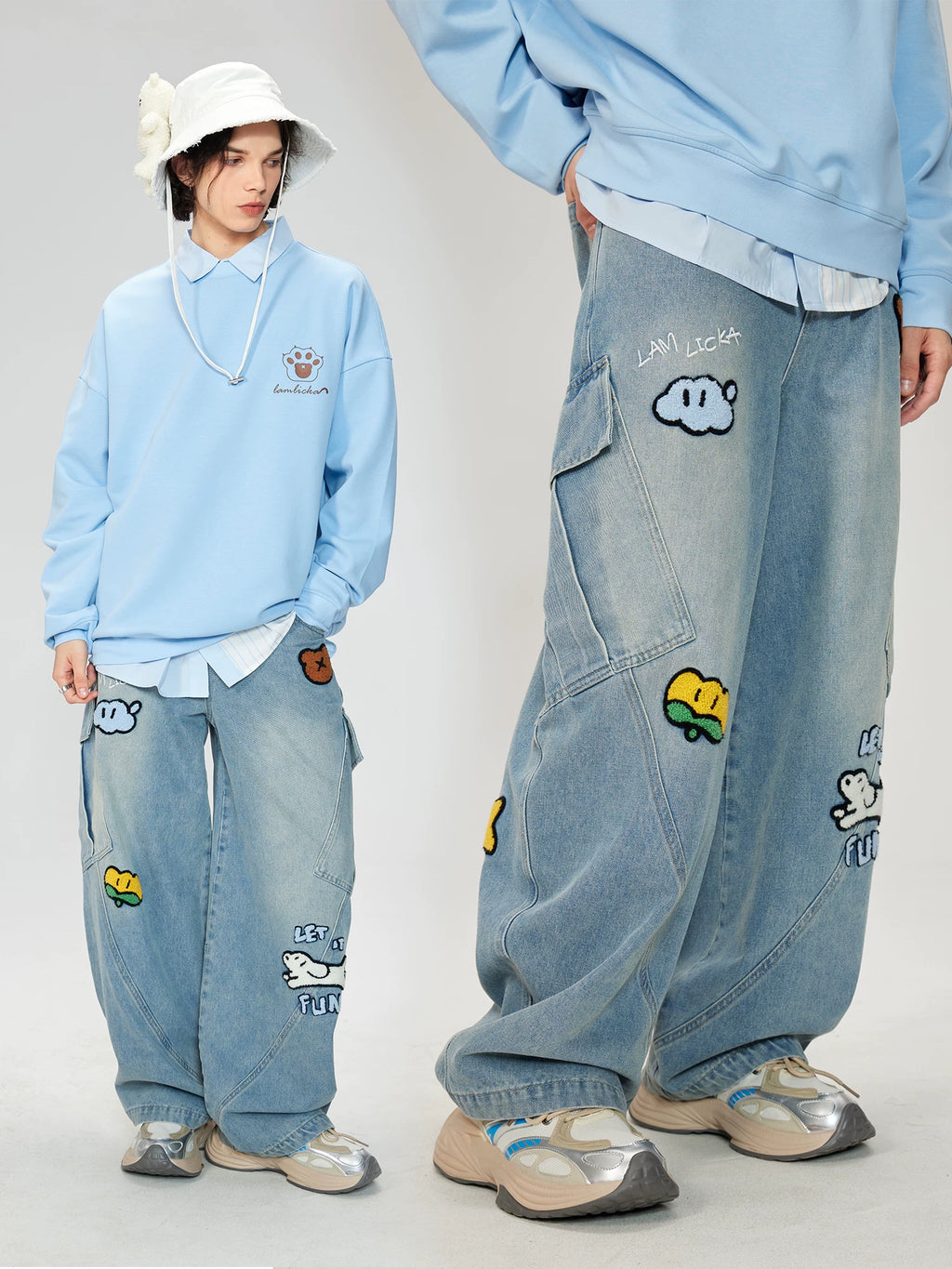 LAMLICKA Wide-Leg Denim Pants | American Streetwear Baggy Jeans