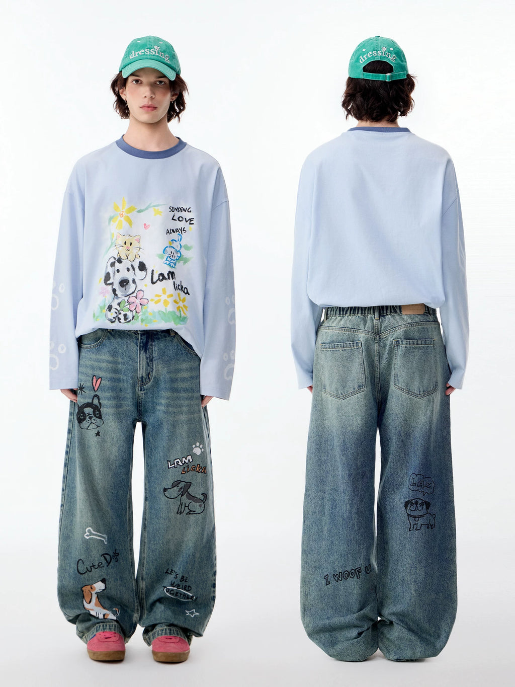 Lamlicka Hand - Drawn Dog Star Blue Straight - Leg Jeans, Relaxed Fit - Denim Pants - LAMLICKA