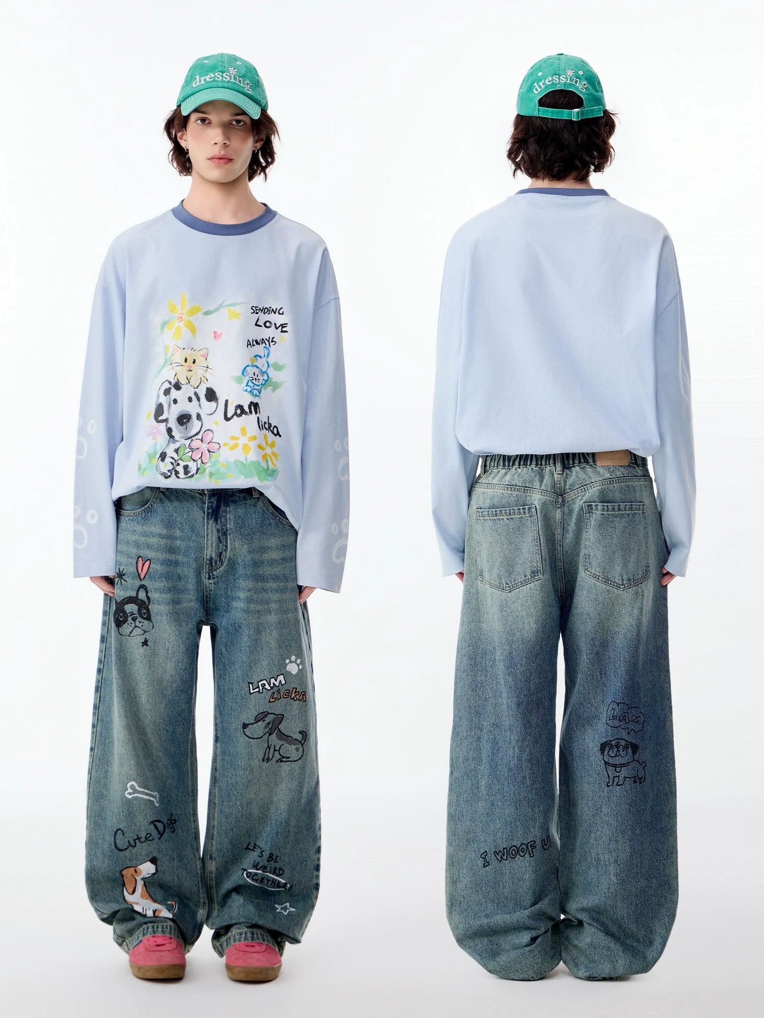 Lamlicka Hand - Drawn Dog Star Blue Straight - Leg Jeans, Relaxed Fit - Denim Pants - LAMLICKA