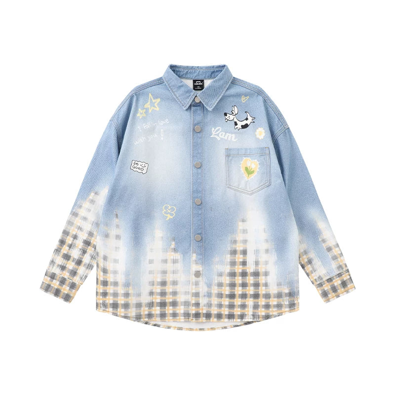 LAMLICKA Men's Blue Plaid Patchwork Shirt, Denim Look Long Sleeve Casual Overshirt - LAMLICKA - S - Blue - 6121050765798