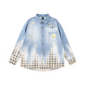 LAMLICKA Men's Blue Plaid Patchwork Shirt, Denim Look Long Sleeve Casual Overshirt - LAMLICKA - S - Blue - 6121050765798