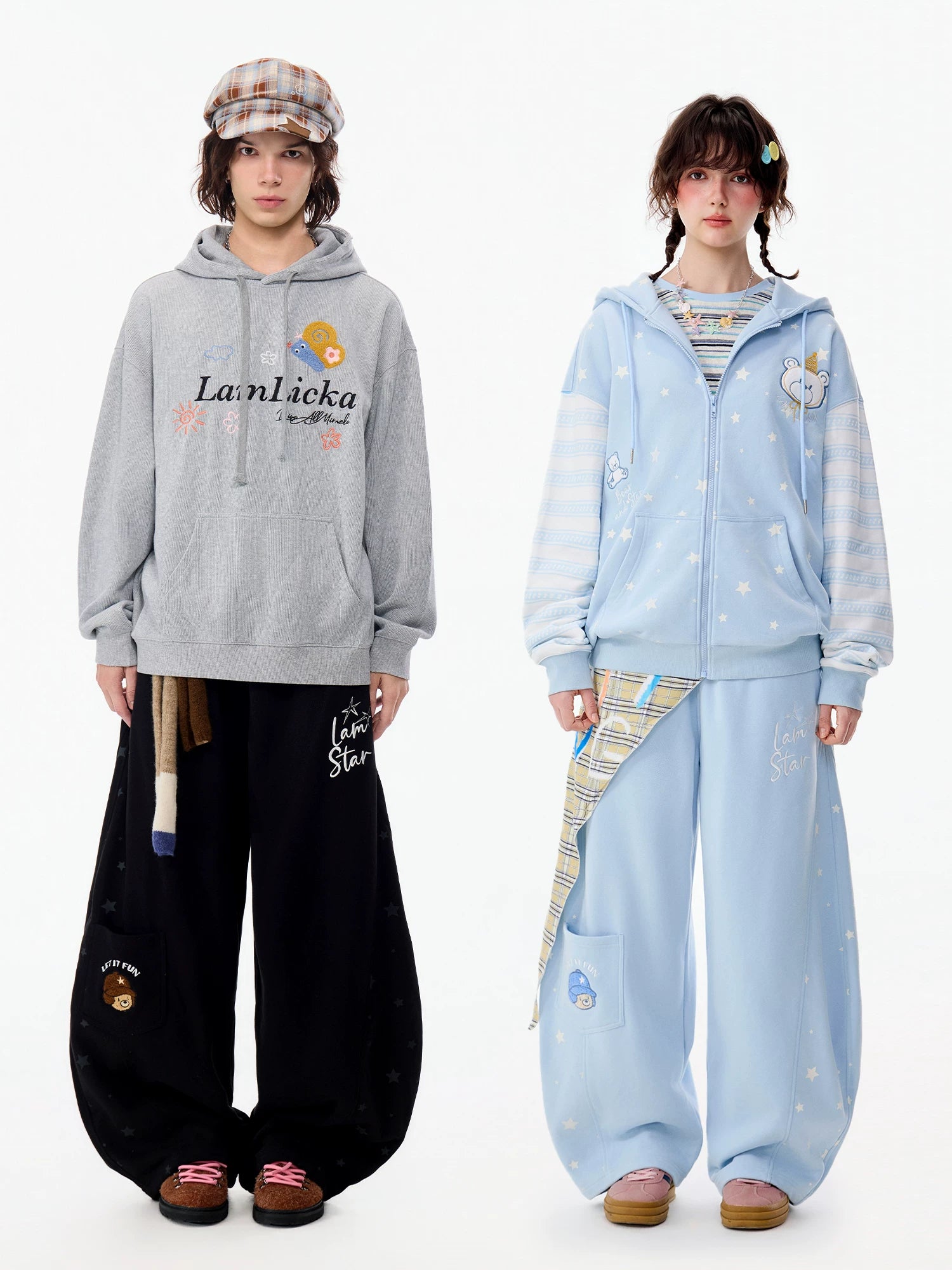 Lamlicka Star Print Wide - Leg Curved Sweatpants Unisex Relaxed Fit - Pants - LAMLICKA