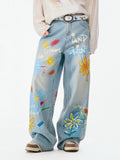 Lamlicka floral graffiti denim wide leg jeans - american high street heavyweight washed straight leg pants - LAMLICKA