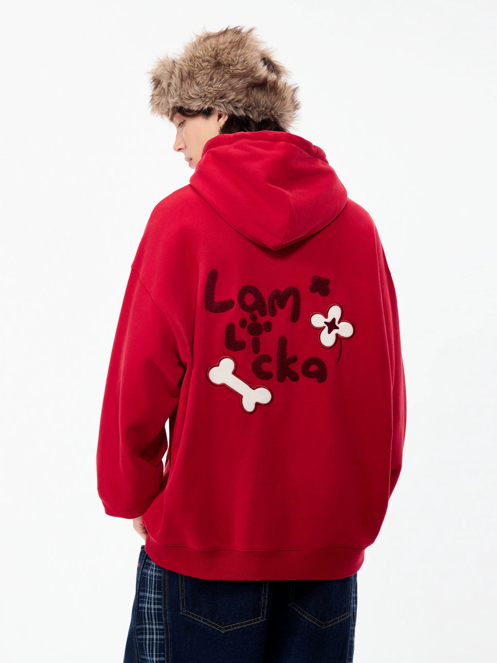 LAMLICKA red embroidered dog pullover hoodie, product image 3