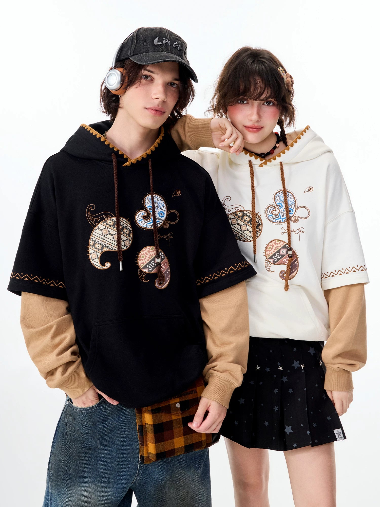 Lamlicka Vintage Ethnic Totem Faux Two - Piece Pullover Hoodie Oversized - Hoodies & Sweatshirts - LAMLICKA