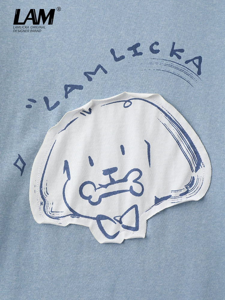 LAMLICKA周深同款蓝色长袖T恤女卡通小狗撞色假两件圆领情侣上衣