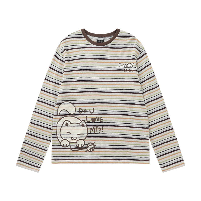 Lamlicka Vintage Stripe Cat Graphic Long Sleeve Cotton Tee - Tops - LAMLICKA - Striped - L