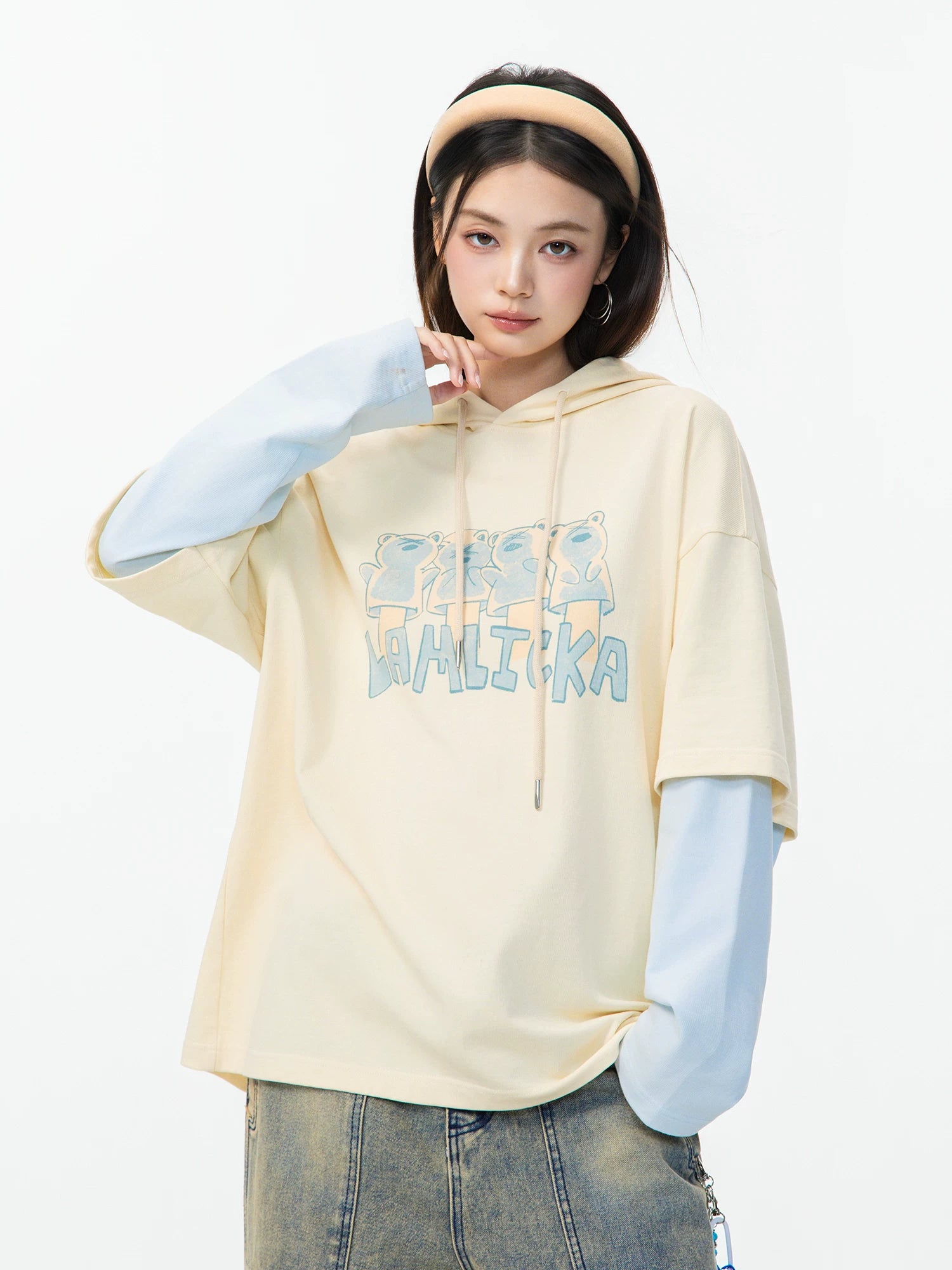 LAMLICKA apricot letter fake two - piece long - sleeved t - shirt - LAMLICKA