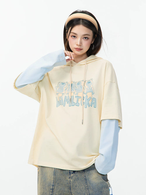 LAMLICKA apricot letter fake two - piece long - sleeved t - shirt - LAMLICKA