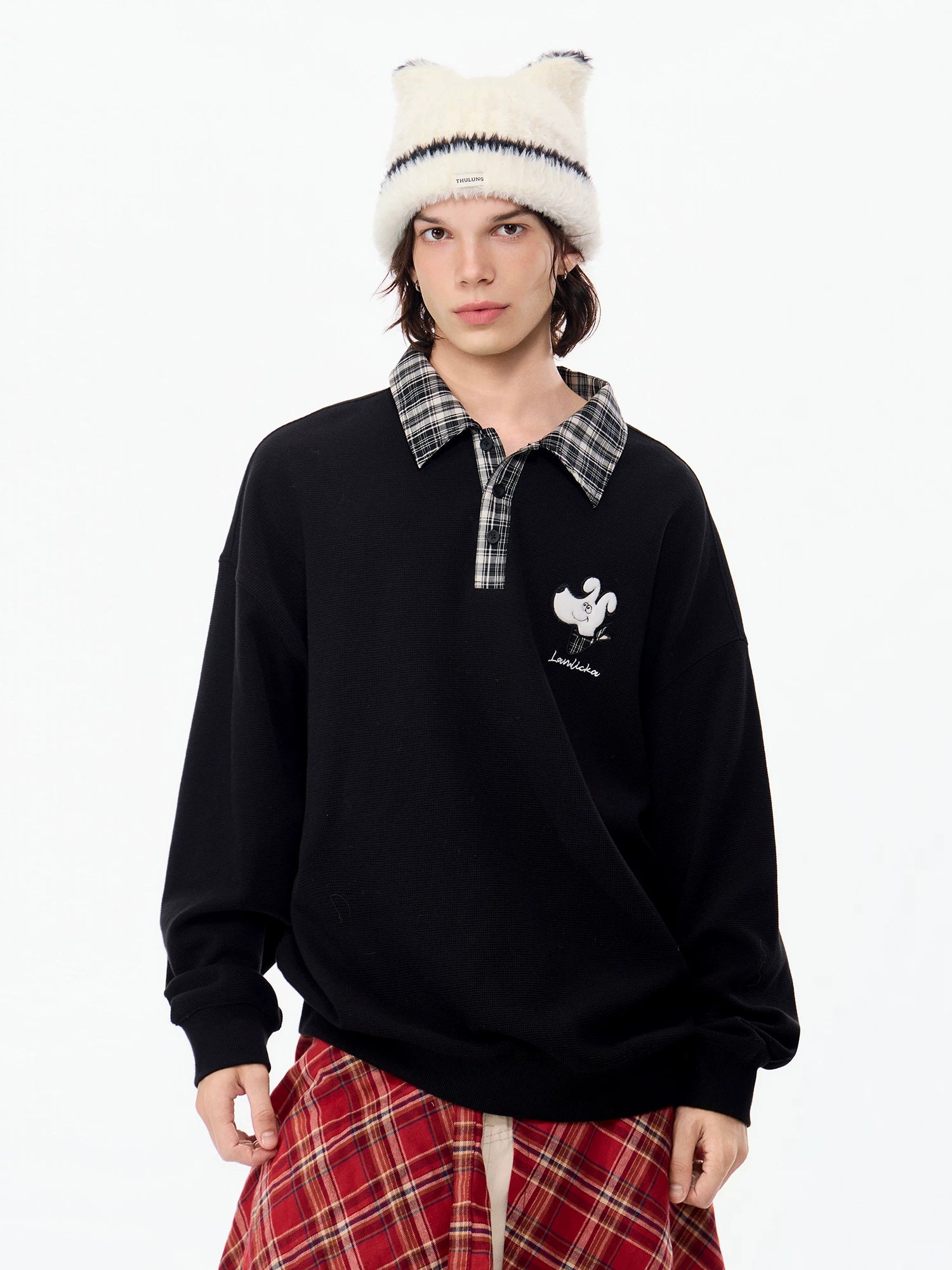 LAMLICKA Embroidered Plaid Polo Sweatshirt – Oversized Streetwear Pullover - Sweatshirt - LAMLICKA