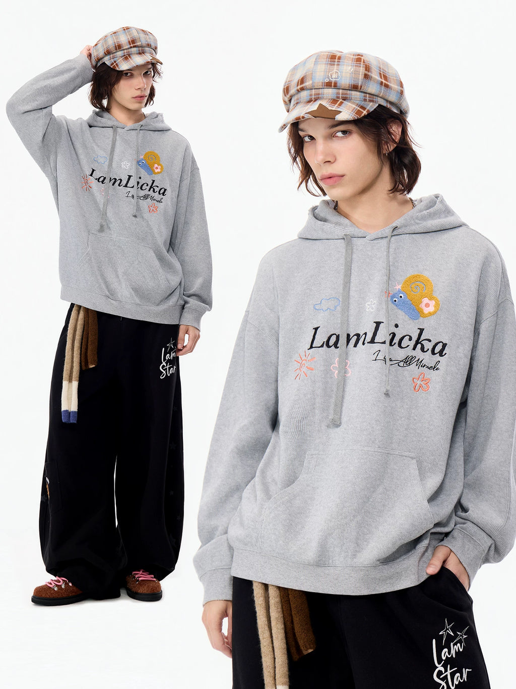 LAMLICKA American Style Embroidered Letter Hoodie – Heavyweight Oversized Streetwear Sweatshirt for Men & Women, Grey - LAMLICKA