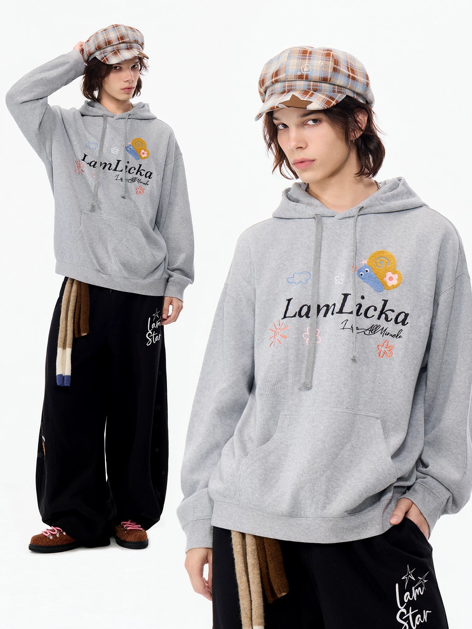 LAMLICKA American Style Embroidered Letter Hoodie – Heavyweight Oversized Streetwear Sweatshirt for Men & Women, Grey - LAMLICKA