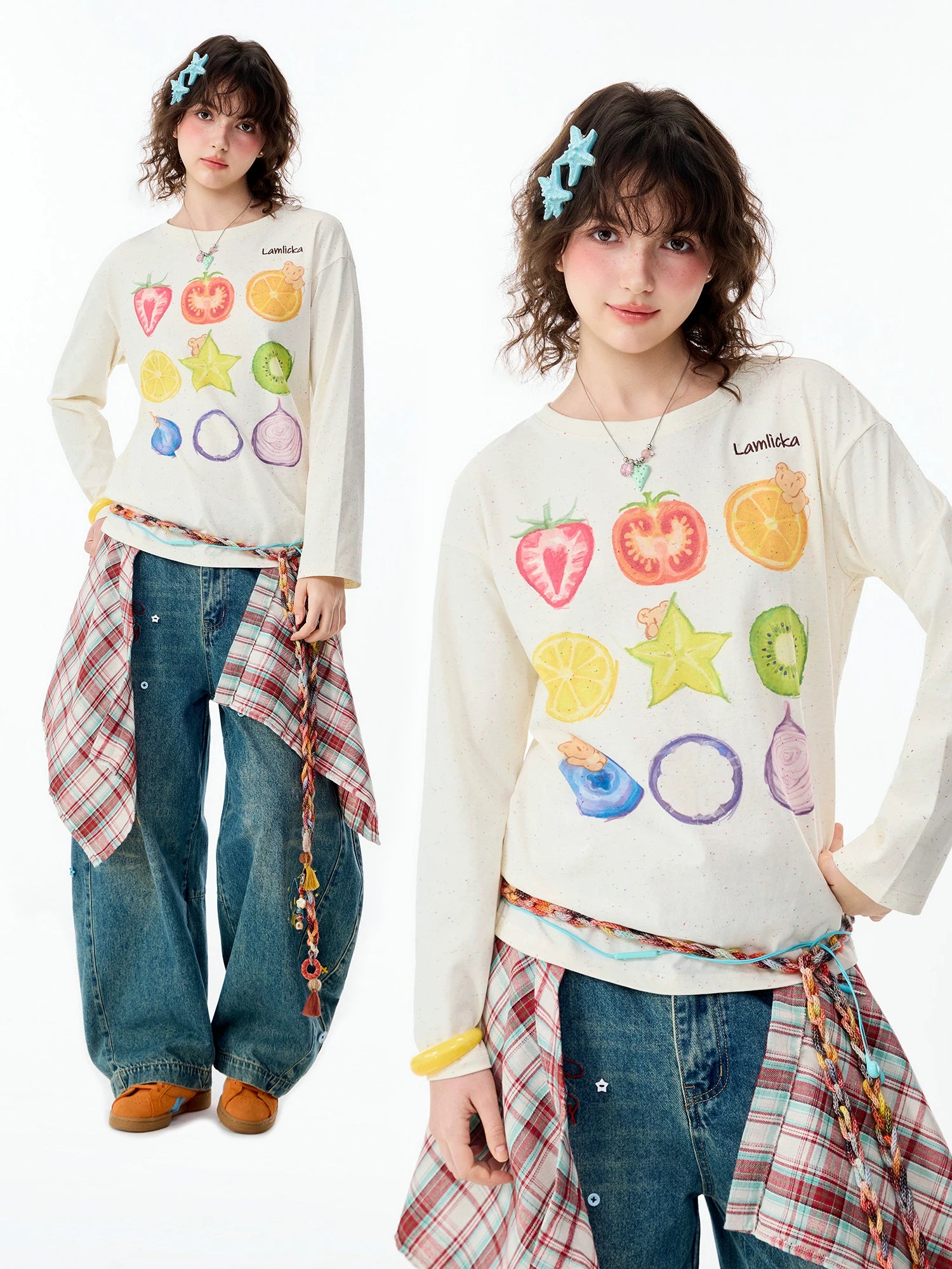 Lamlicka Dopamine Fruit Print Long Sleeve Cotton Tee - Tops - LAMLICKA