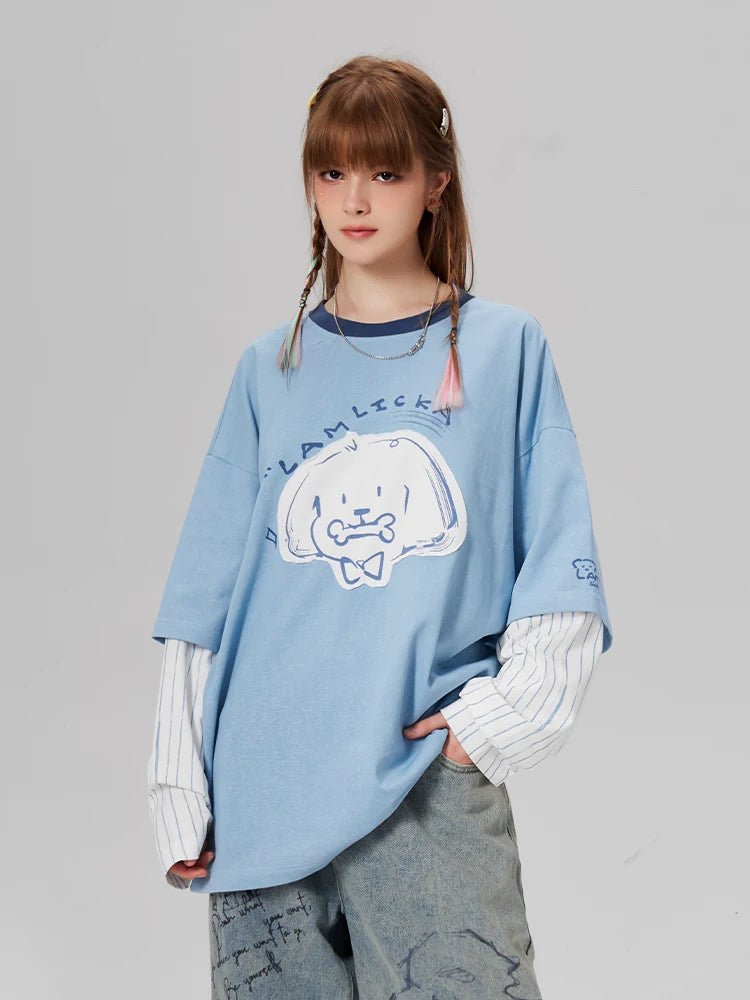 LAMLICKA Faux Two-Piece Long Sleeve T-Shirt