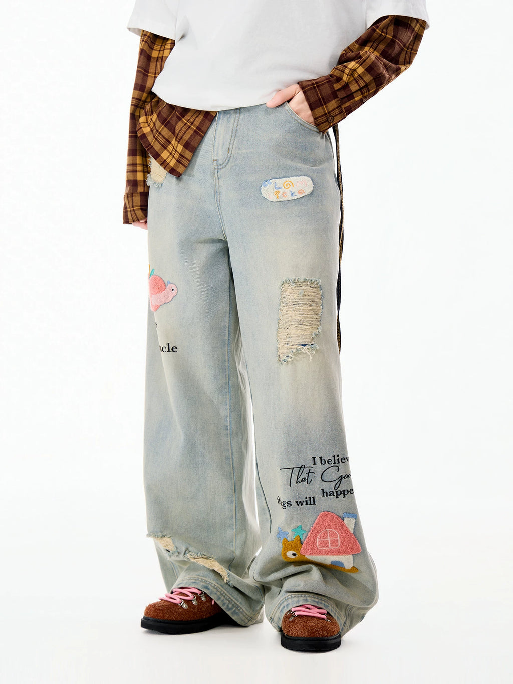 LAMLICKA Blue Embroidered Distressed Straight - Leg Jeans Unisex Relaxed Fit American Style Denim Pants - LAMLICKA