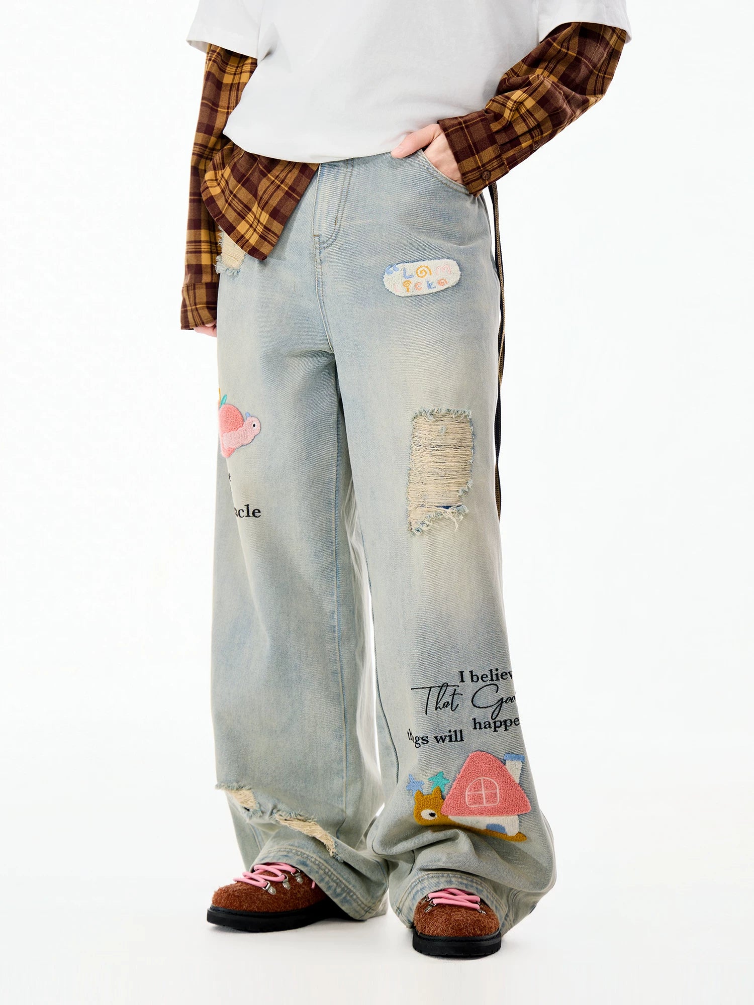 LAMLICKA Blue Embroidered Distressed Straight - Leg Jeans Unisex Relaxed Fit American Style Denim Pants - LAMLICKA